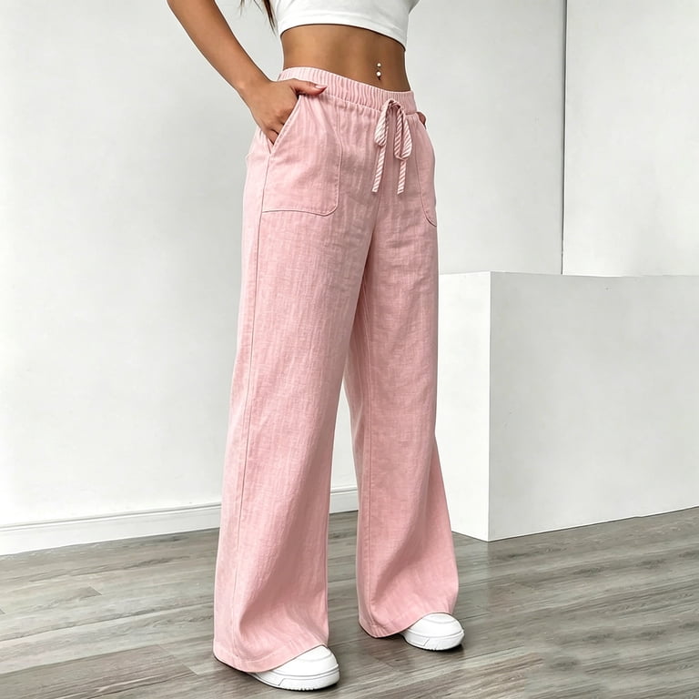 Oiangi Cotton Linen Pants for Women Elastic Waist Wide Leg Pant