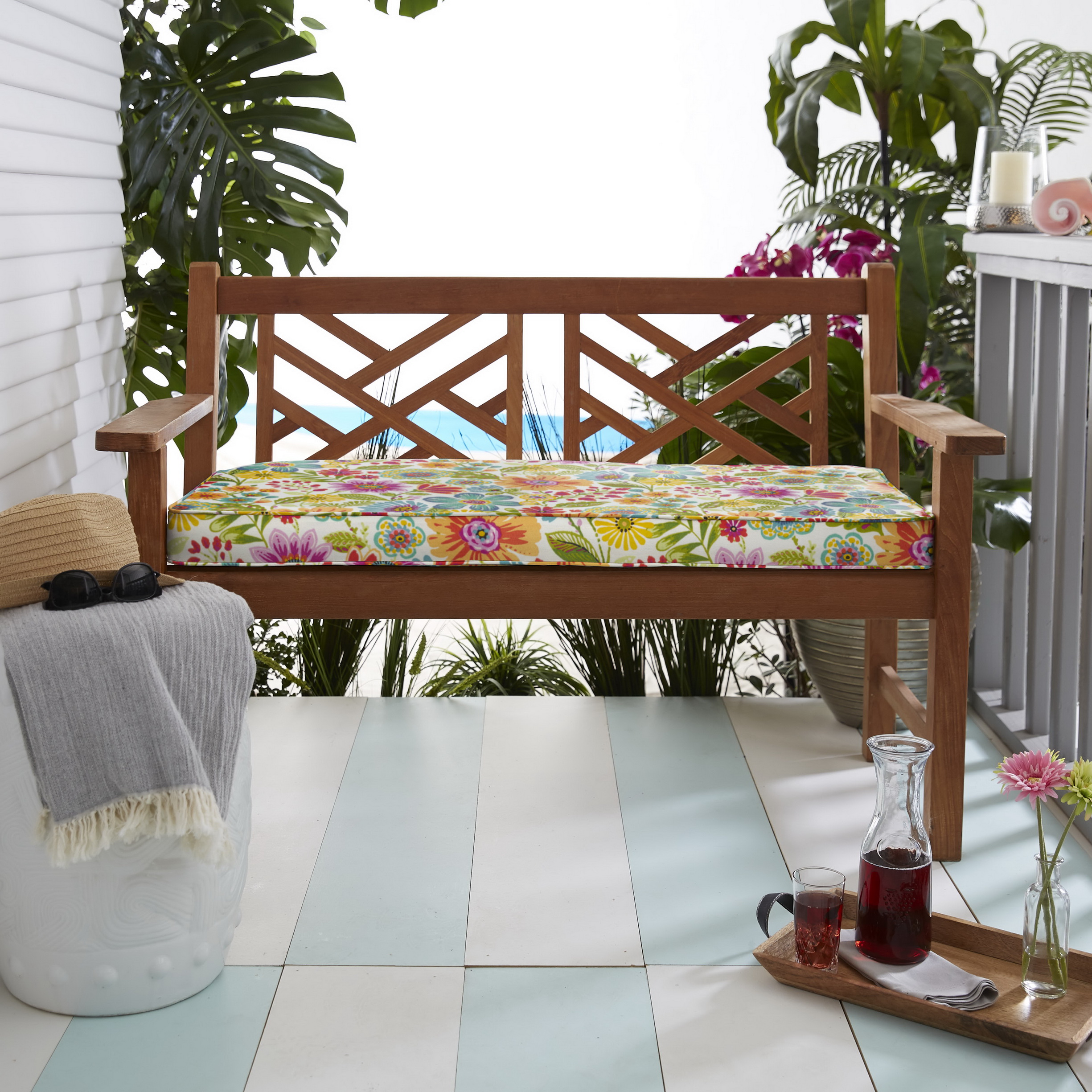 Multi Floral Indoor Outdoor Corded Bench Cushion