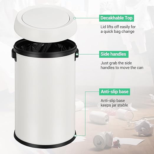 Basics Round Stainless Steel Trash Can with Swing lid, Large Kitchen Round Can - 65 Litre/ 17.2 Gallon, Silver, Black,White