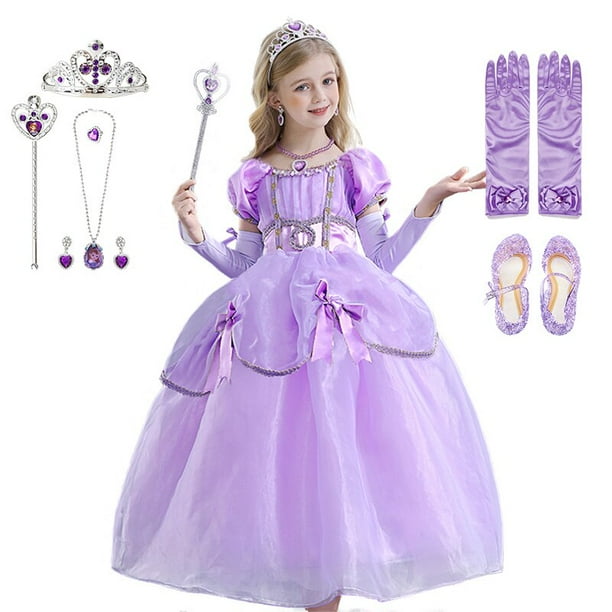 Vestido de Princesa Sofía para niñas, manga abullonada de fantasía, vestidos de fiesta con cuentas florales, disfraz de Princesa Sofía para Halloween Fivean unisex