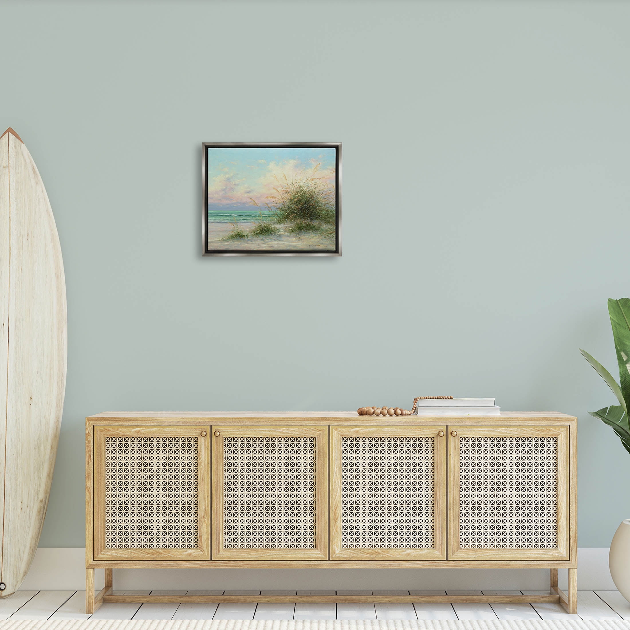 Summer Beach Grass Sea Waves Coastal Painting Luster Gray Framed Art Print Wall Art
