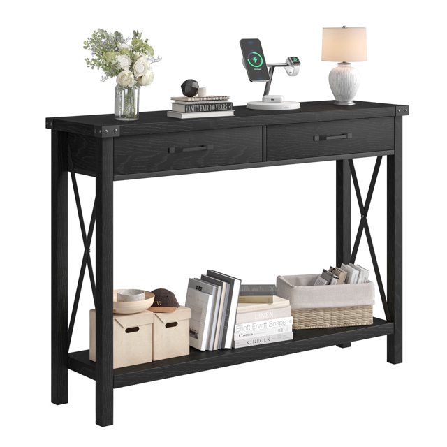 Table Console avec 2 Tiroirs, Table de Sofa Style Ferme avec Rangement pour Couloir