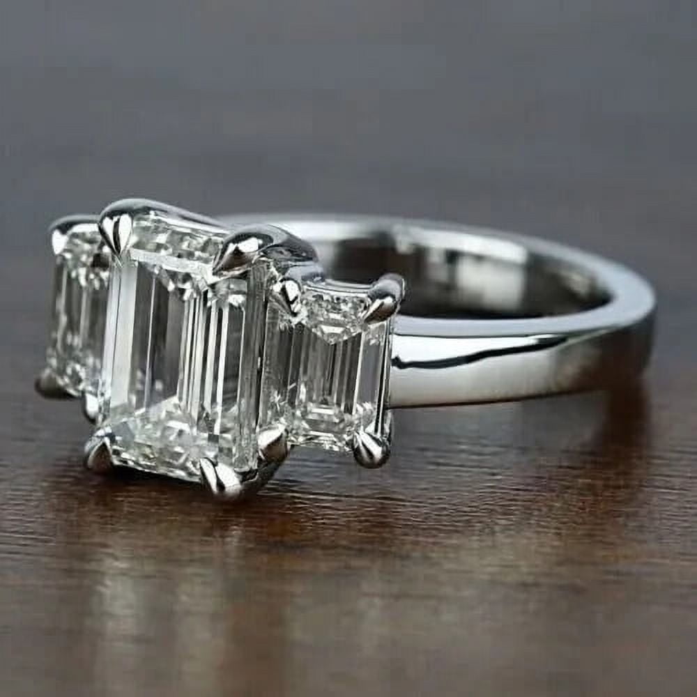 Empire Jewelry 14K White Gold Rings - 2.1 Ct Emerald Cut Moissanite Solitaire Ring for Women - Three-Stone Engagement Wedding Ring - Beautiful Silver Diamond Ring for Special Occasions