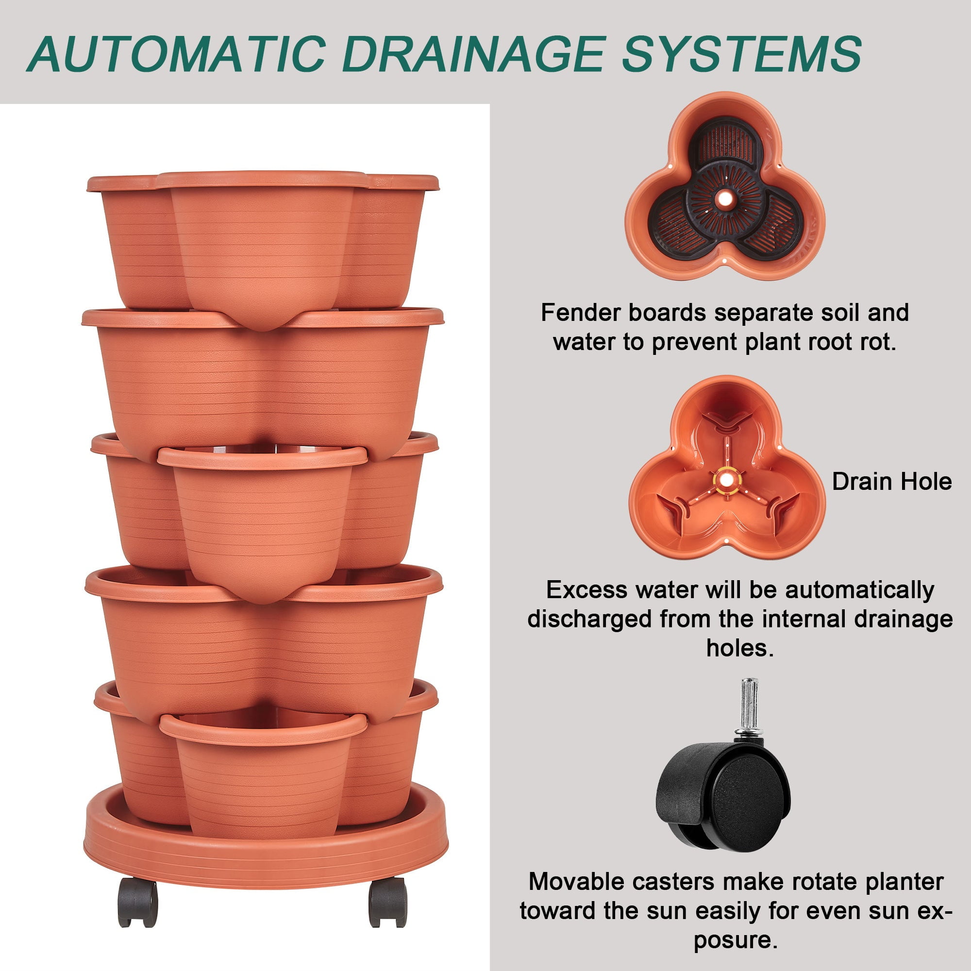 VECELO Stackable Planters 5 Tier Vertical Gardening Planter, Stackable Garden Tower Indoor Outdoor Pot For Strawberries, Flowers, Herbs, Vegetables With Removable Wheels, Orange Red