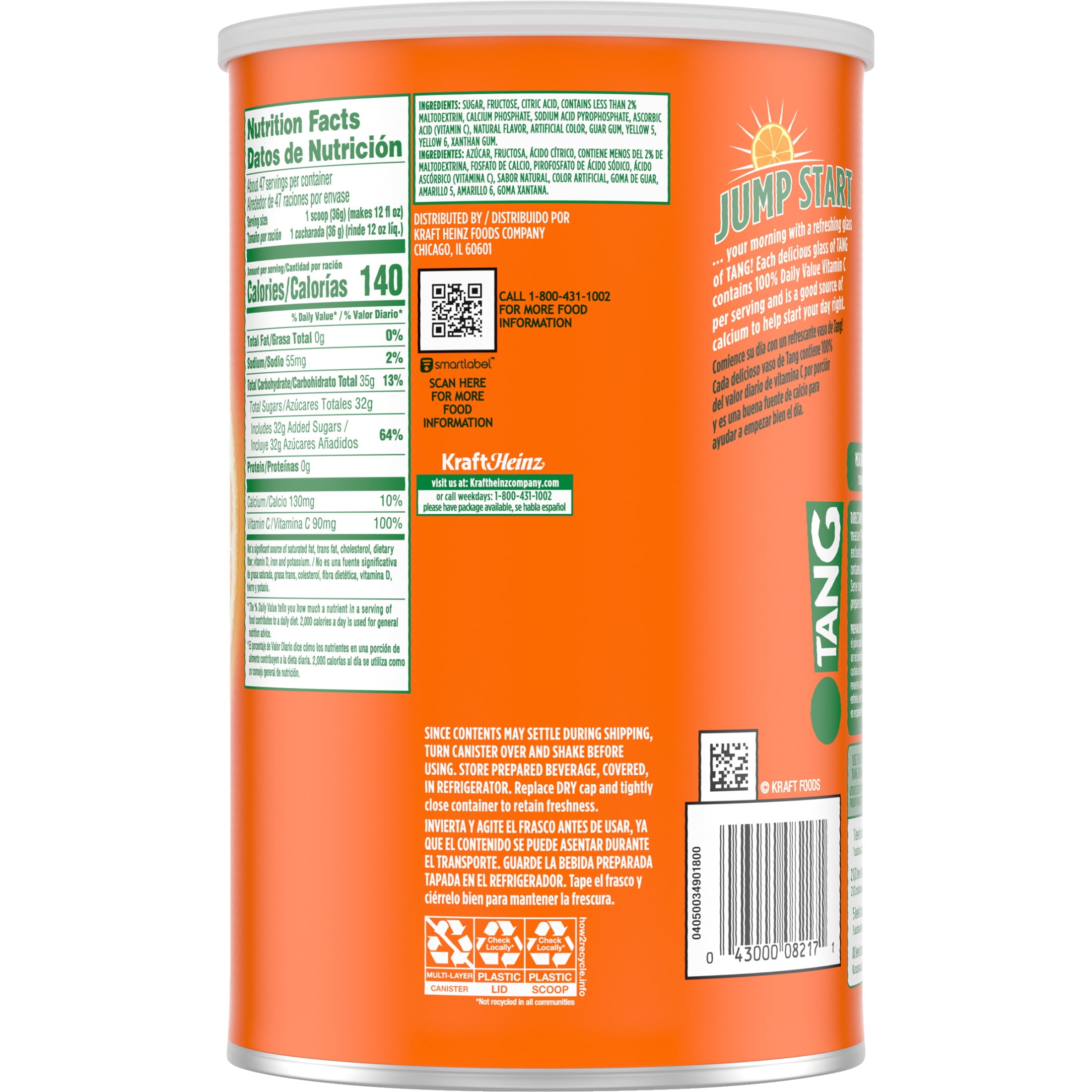 (2 pack) Tang Drink Mix, 1 Canister, for Flavorful Hydration and Shareable Refreshment, Orange, Good Source of Calcium, 100% Daily Value of Vitamin C, 58.9 oz