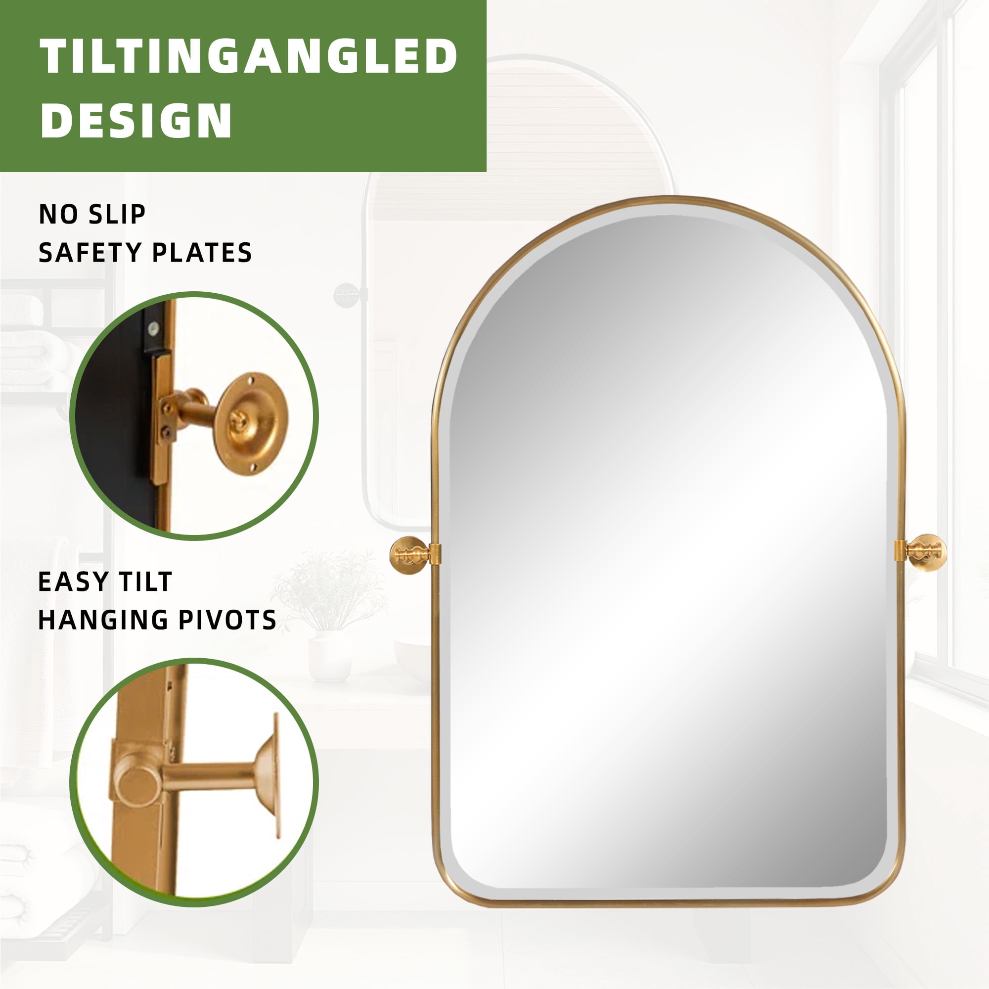 MAYEERTY 36×24in Modern Arched Aluminum Alloy Golden Framed Hanging Mirror, Wall-Mounted for Vanity & Sink, Swivel