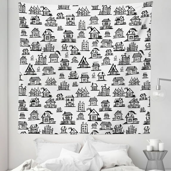 City Tapestry, Village Houses Hand Drawn Monochrome Doodle Architecture Pattern Buildings Town Scene, Fabric Wall Hanging Decor for Bedroom Living Room Dorm, 5 Sizes, Black White, by Ambesonne