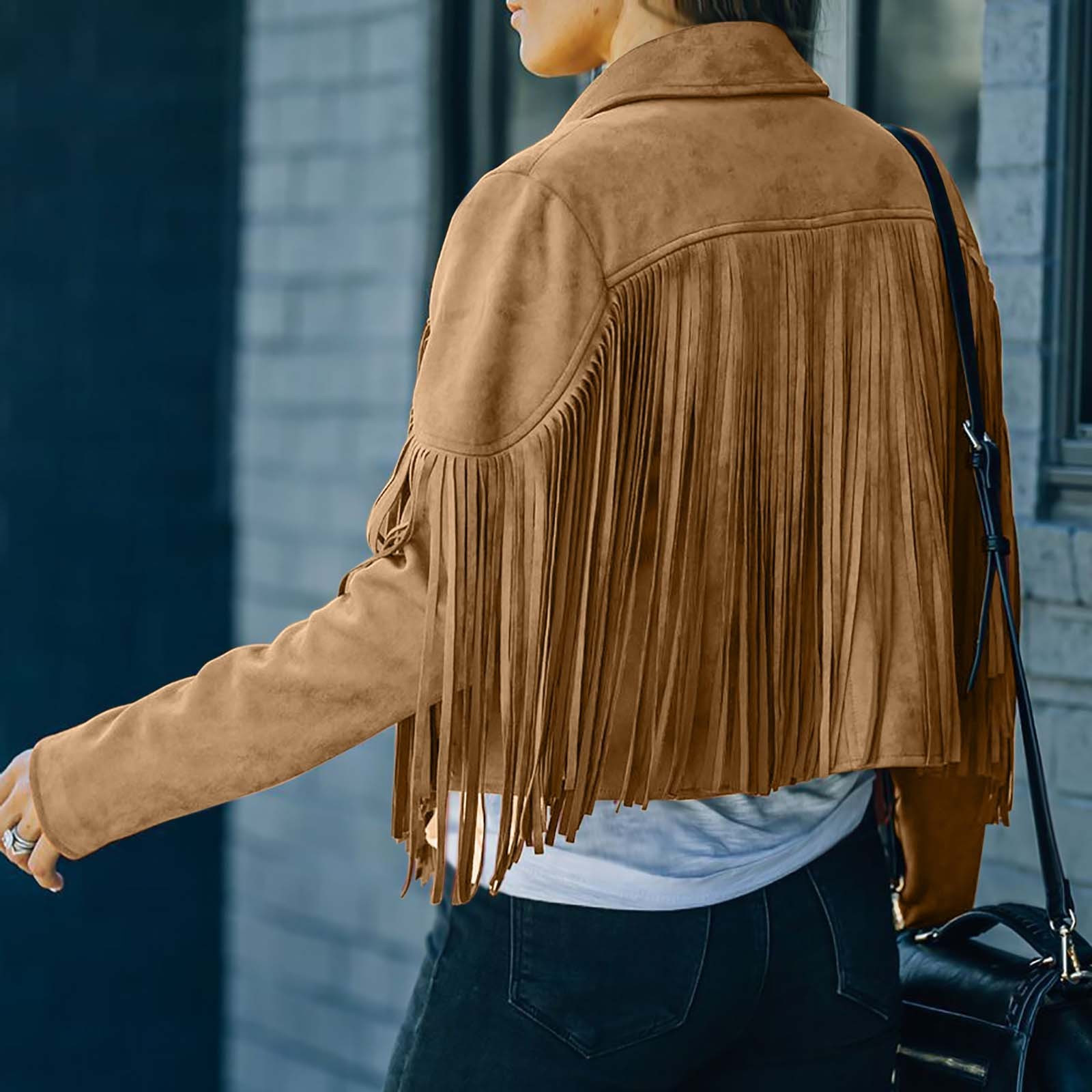 Women Vintage Faux Suede Tassel Cropped Jacket Long Sleeve Fringe Leather Coat Hippie Motorcycle Biker Jackets Tops - image 4 of 9