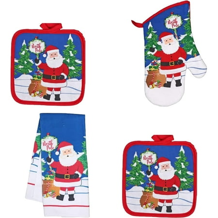 

IOS Whimsical Blue Christmas Holiday Santa Claus 4pcs Linen 1pc Oven Mitts 1 pc Kitchen Towel 2pcs Pot Holder Kitchen Linen Set Bundle With Pamaskong Tuwalya (4pcs/set)