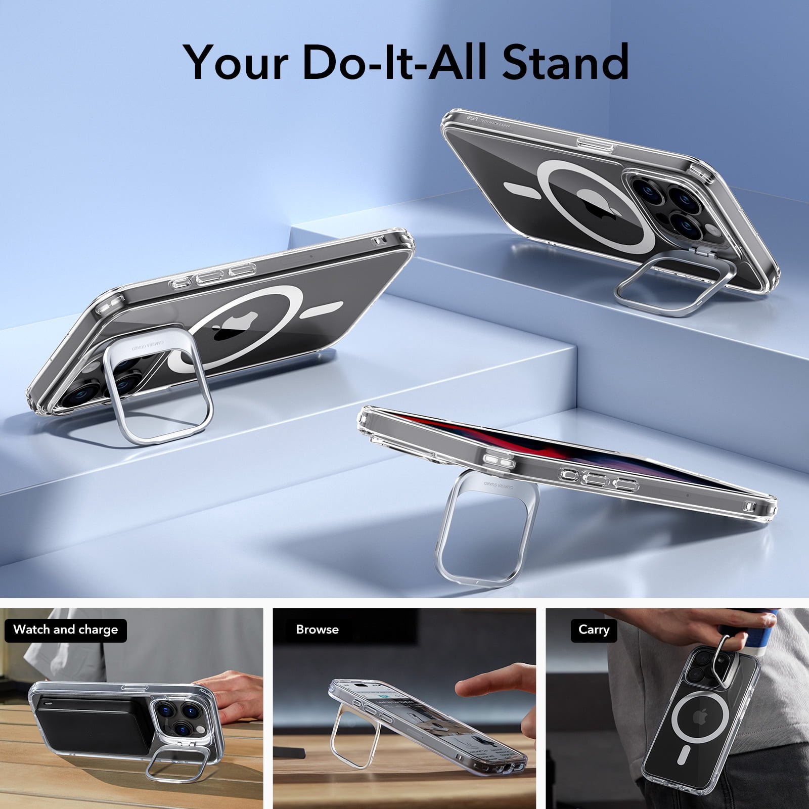 ESR Kickstand Case with HaloLock Compatible with iPhone 15 Pro Max Case, with adjustable Camera Guard, Compatible with MagSafe, Ultra-high Hardness Protection, Clear