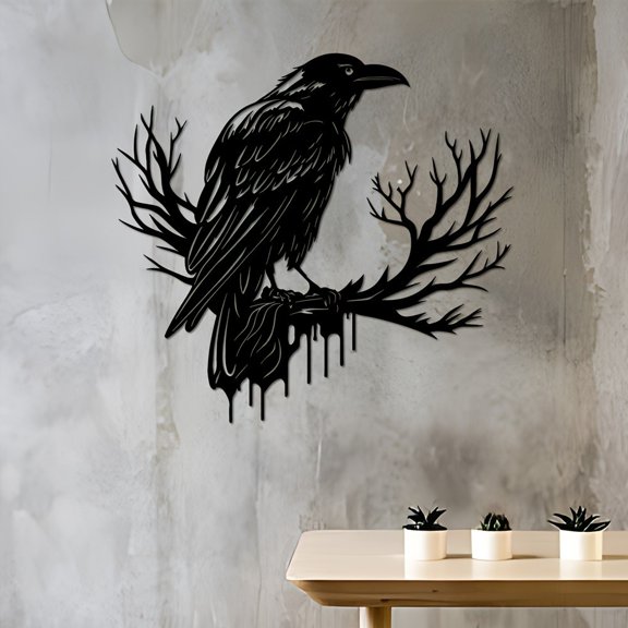 HELLOYOUNG 11.81 Inch Mystic Wall Sculpture Wall Transformation Gothic Crow & Tree Metal Art Viking Style Metal Sign Unique Housewarming Decor