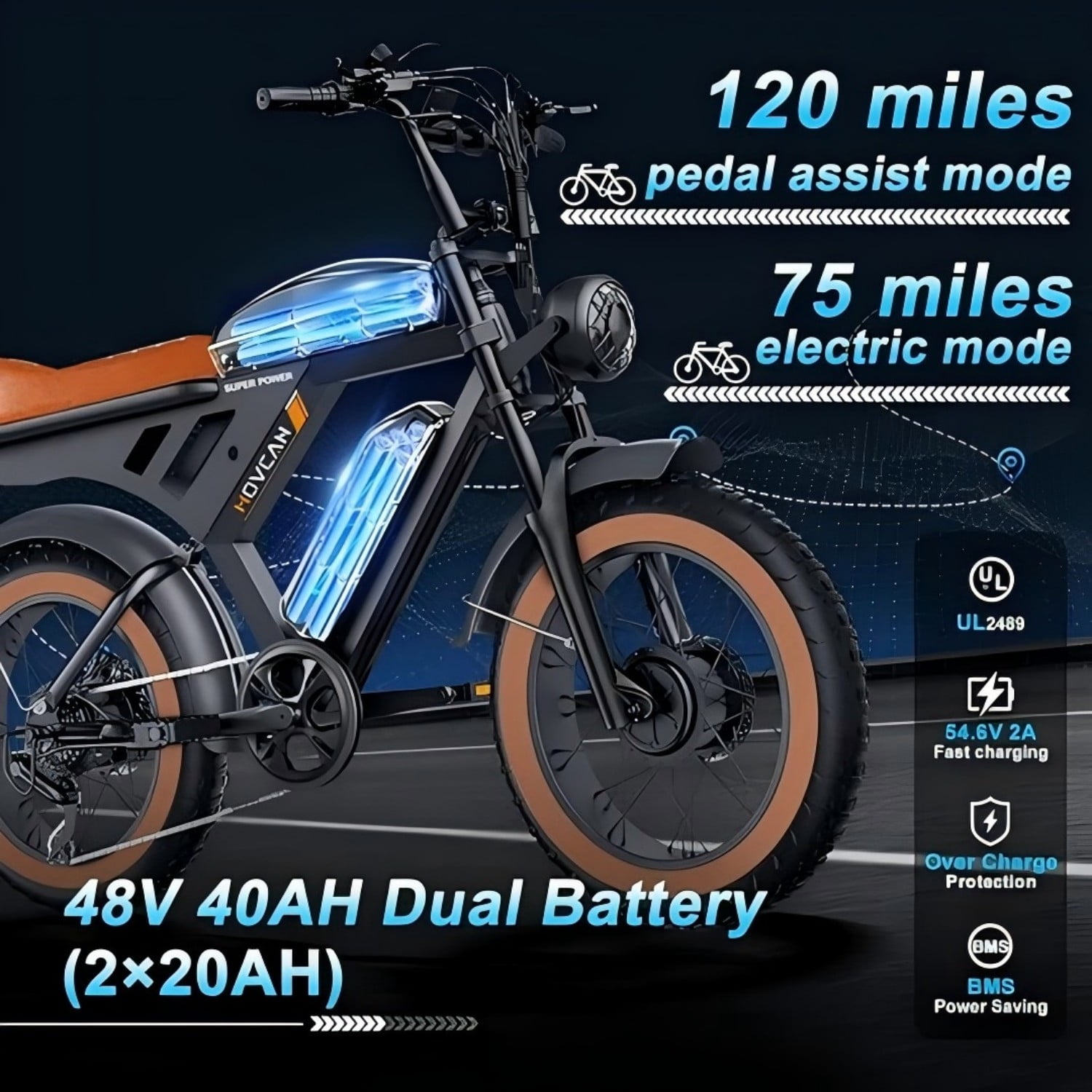 37.5MPH Max Speed,3000W Dual Motor Movcan V30 Pro Max Electric Bike for Adults, 48V 20Ah ×2 Removable Batteries,120 Mile Range, 20"x4" Fat Tire
