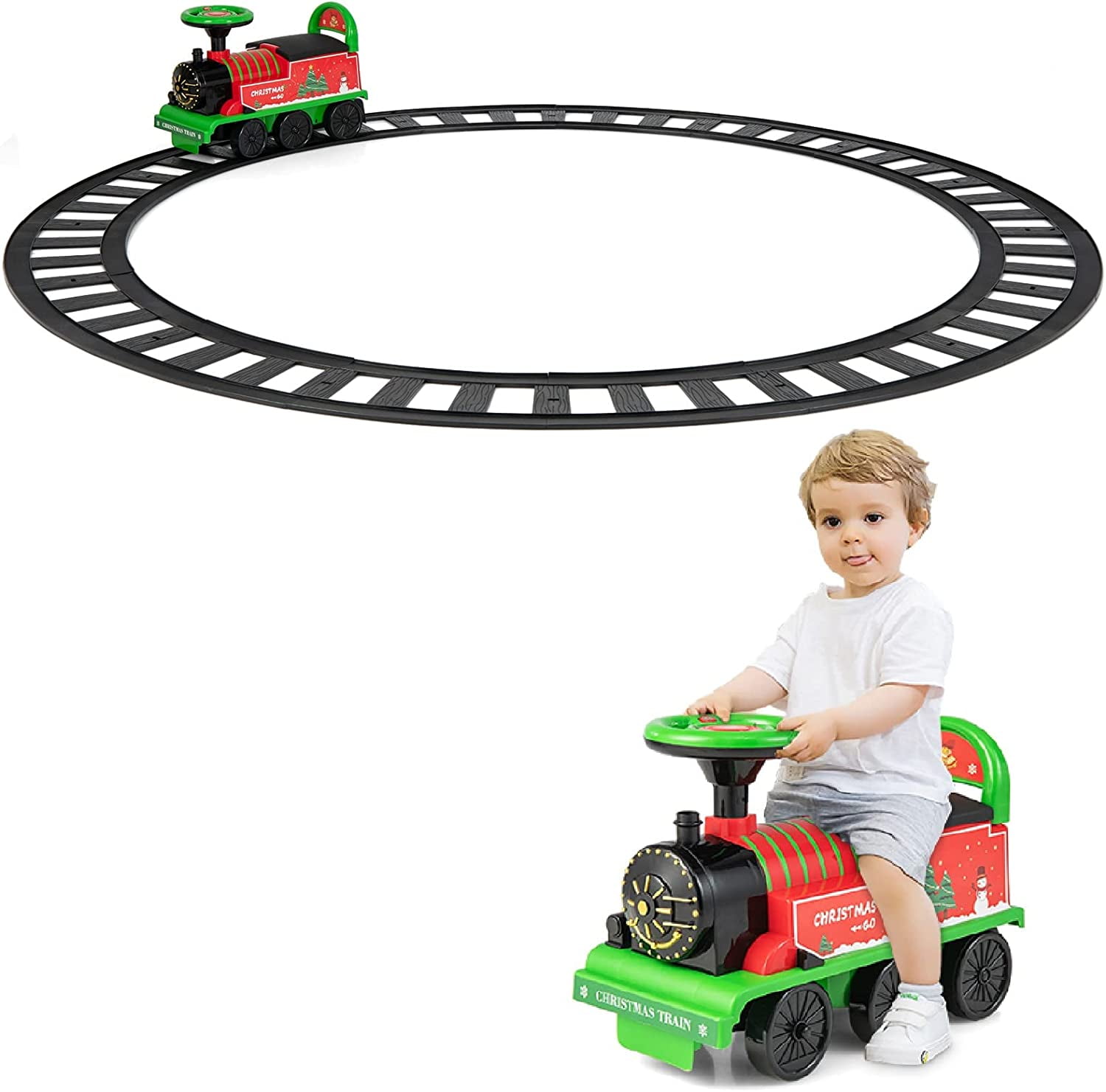 OLAKIDS Kids Ride On Train with Track, 6V Electric Toy with Lights and