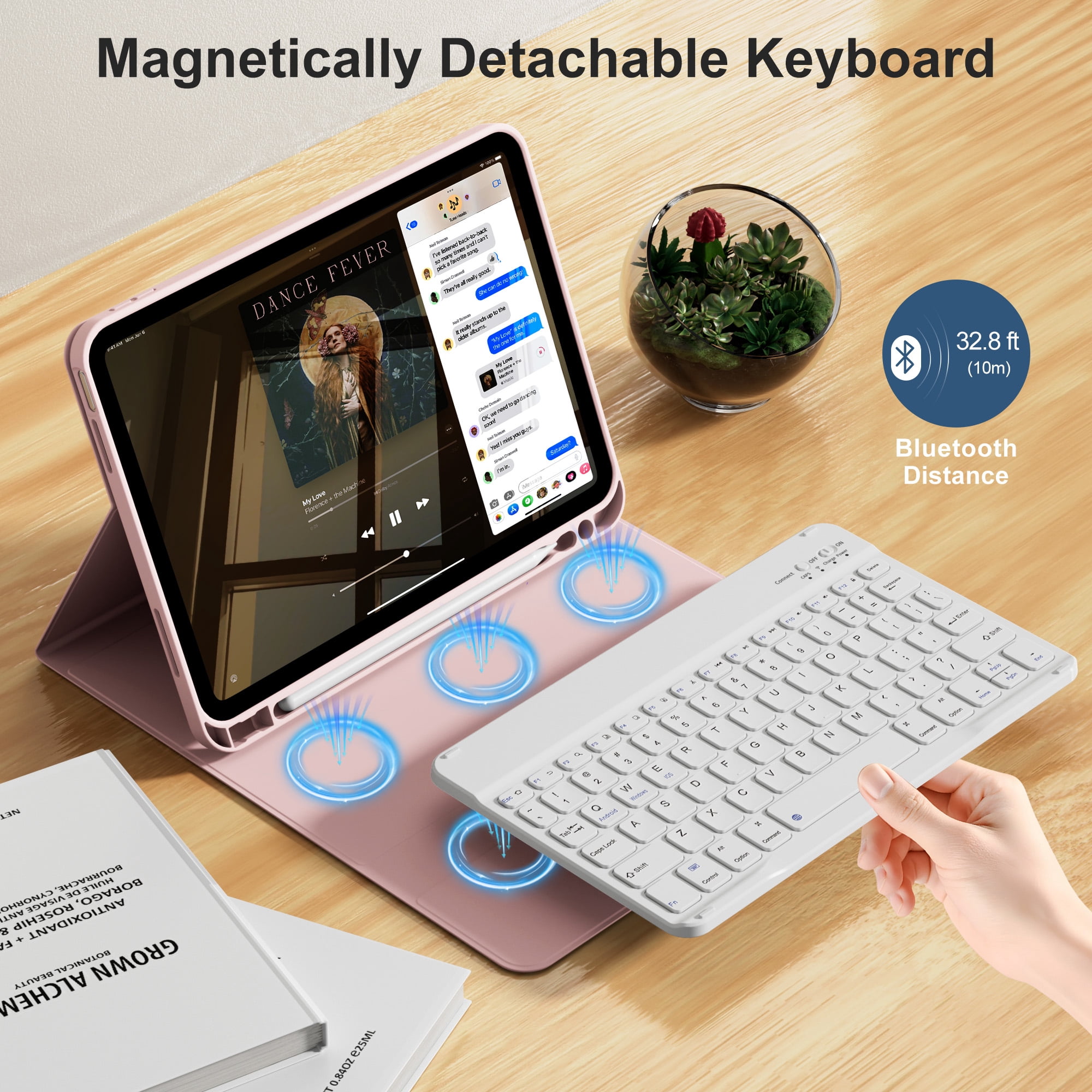 KVTVOU Keyboard Case for iPad A16 11 inch 2025 / 10th Generation 10.9 inch 2022, Detachable Wireless Keyboard Cover with Pencil Holder for iPad 11/10th Gen, Pink