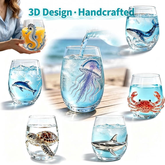 Artisanal Blue Ringed Octopus Glassware, 3D Octopuses Stemless Wine Glasses, Handcrafted Marine Animal Bar Glass, Coastal Home Decor Gift for Ocean Lovers _ A