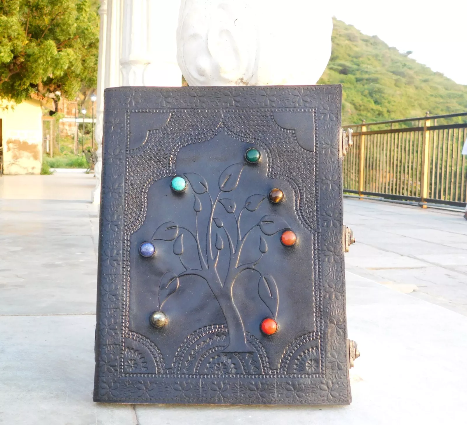 Handcrafted Embossed Tree Of Life Design Vintage Leather Bound Journal Seven Stone Diary Blank Notebook For Men & Women