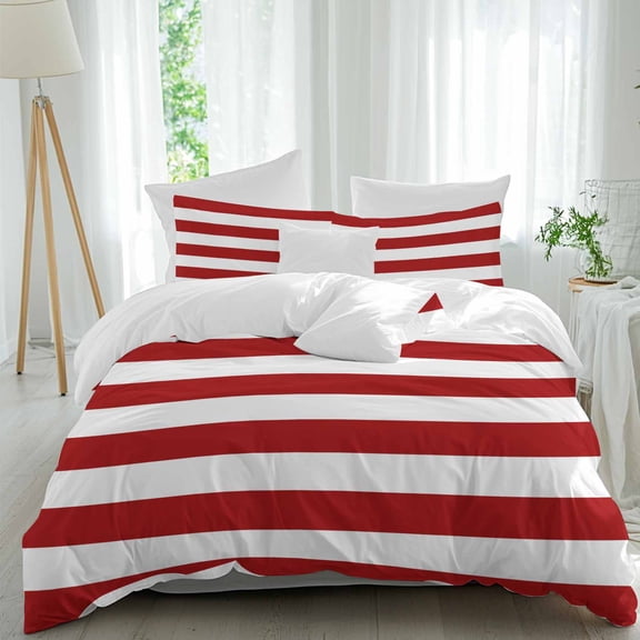 3 Piece Red Stripes Duvet Cover Set Full Size, Microfiber Comforter/Quilt Cover with Corner Ties and 2 Pillowcases, Simple Red White Texture All Season Soft Bedding with Zipper Closure