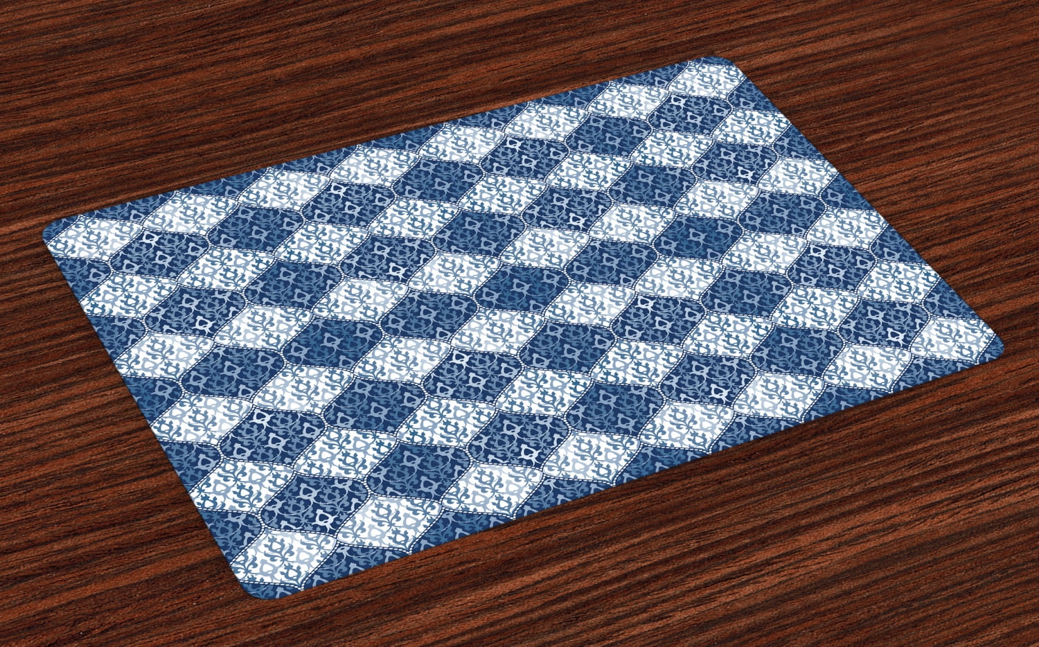 Navy Blue Placemats Set of 4 Oriental Pattern in Patchwork Horizontal