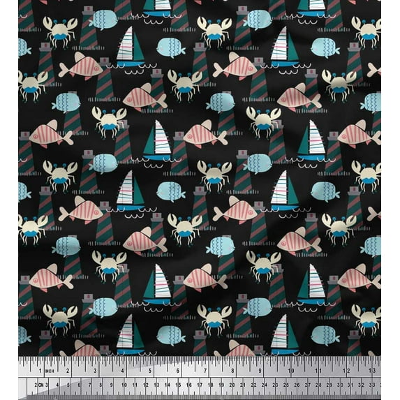 Soimoi Cotton Voile Fabric Lighthouse,Crab & Fish Kids Print Fabric by The Yard 42 Inch Wide