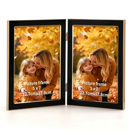 5x7 Double Picture Frame with Tempered Glass Front, Metal 5x7 2-Opening Hinged Folding Frame for Tabletop or Wall Display, Black