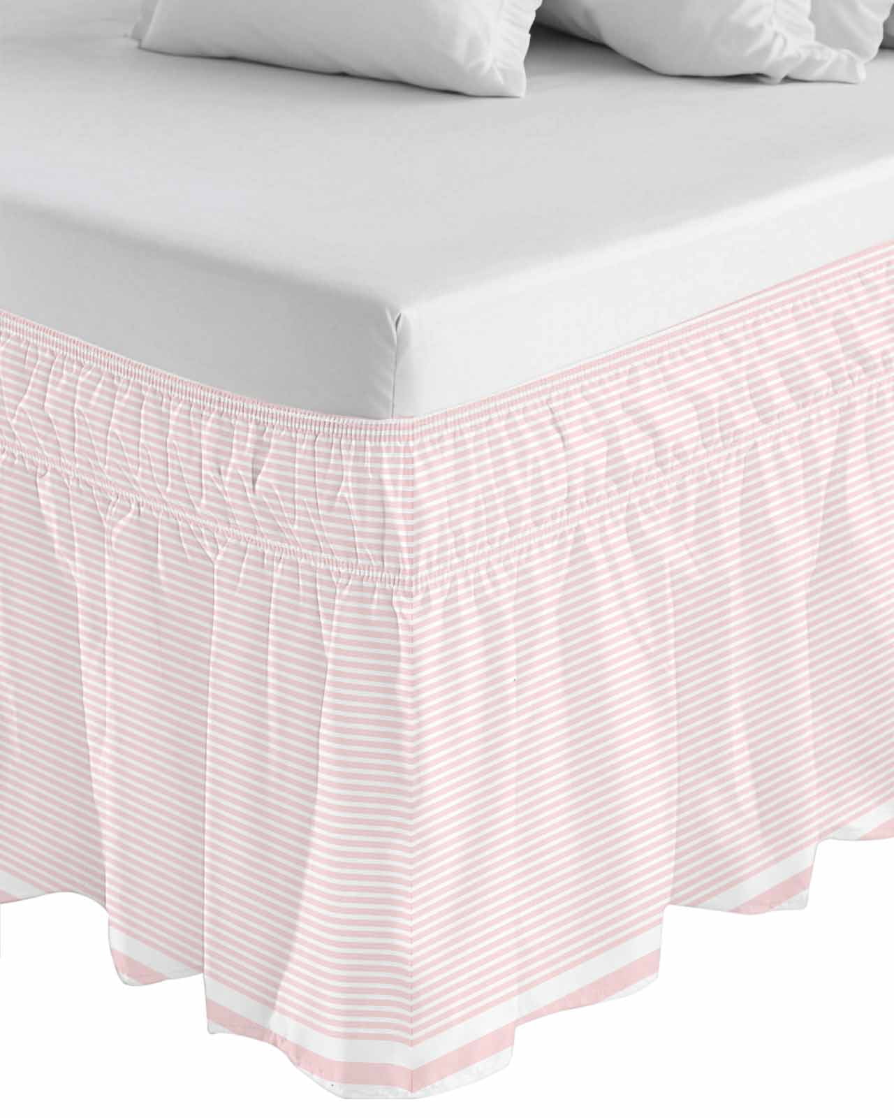 Farmhouse Pink White Striped Bed Skirt King Size, Modern Stripes Wrap Around Bed Skirting with Adjustable Elastic Strap, Dust Ruffle Pleated Bedskirts 16 Inch Drop for Bedroom King Beds