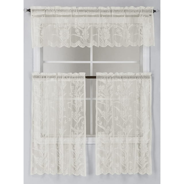 Ensemble de 3 Pcs de Rideaux de Cuisine en Dentelle (Comprend 2 Panneaux et 1 Cantonnière) par ATI (Beige)
