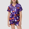thumbnail image 2 of Kakishop Girls Pajama Sets Girls Satin Pajama Set Halloween Pumpkin Ghost Print Shirts and Shorts Short Sleeve Button Soft 2 Piece Outfits,Purple, 2 of 4