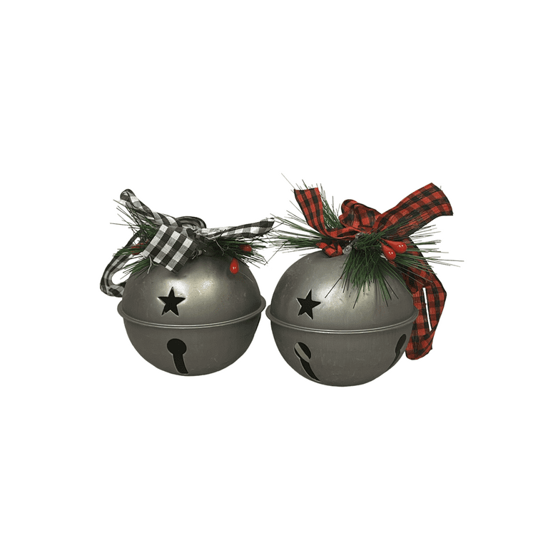 Momentum Brand 3 in. Silver Metal Jingle Bell Ornaments with Pine Buffalo  Plaid Bow Accents; Set of 2 Black and Red Color Bow