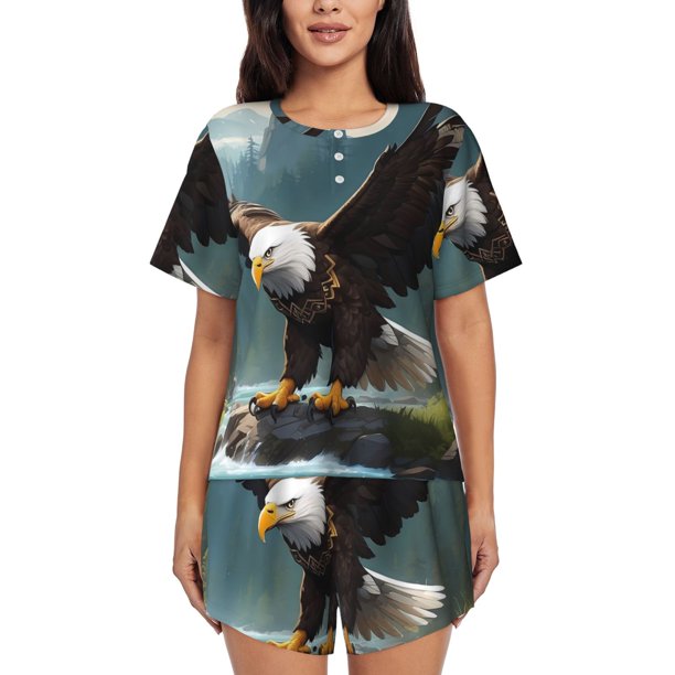 Balery Forest River Bald Eagle Conjunto de Pijama para Mujer con Estampado, Dos Piezas de Manga Corta y Shorts, Ropa de Dormir Suave con Cuello Redondo y Bolsillos-Large