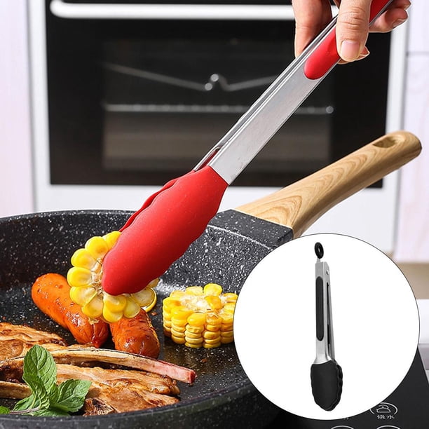 Pinzas de cocina resistentes al calor, pinzas de cocina pequeñas de material acero inoxidable con puntas de silicona para servir horno de ensaladas a pulgadas negro DYNWAVEMX Pinzas de cocina