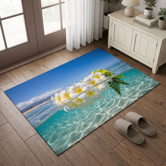 Entryway Rug 2'x3', Summer Ocean Kitchen Runner Rugs Non-Slip Carpet Mats, Tropical Floral Leaves Coastal Water Ripples Bedside Rugs Runners Washable Floor Carpet for Bathroom Laundry Room