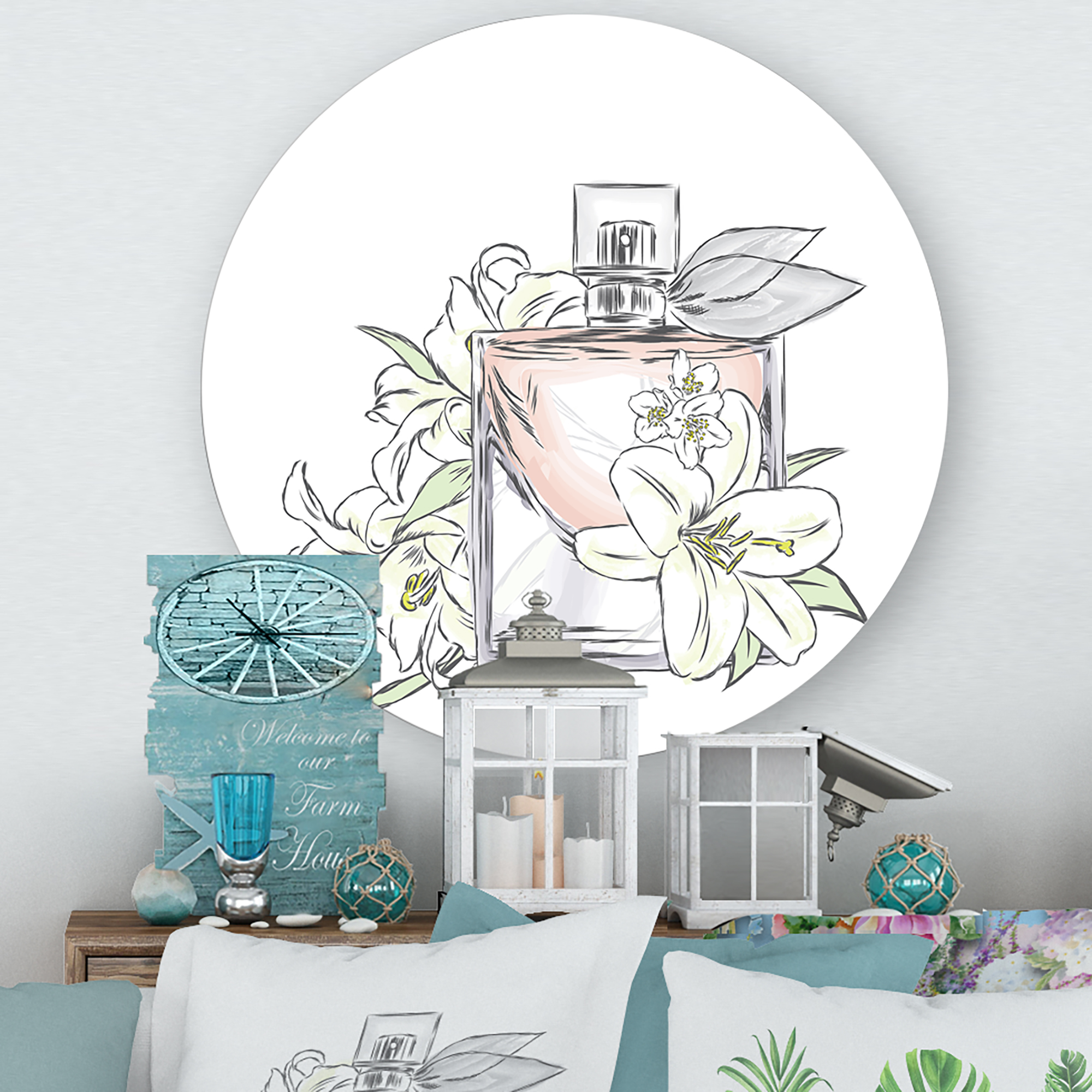 Designart 'Bouquet of Flowers and Perfume Bottle II' Traditional Circle Metal Wall Art 11x11 - Disc of 11
