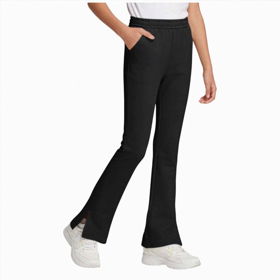 Leey-World Girls School Uniform Pants Kids Pull On Straight Leg Stretchy Elastic Waist Trousers with Pockets 5-14 Years(Black,11-12 Years)