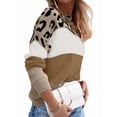 thumbnail image 2 of Suéter de Rayas con Estampado de Leopardo para Mujer, Cuello Redondo, Larga, Tejido, Bloque de Color Marrón Oscuro XXL, 2 of 5
