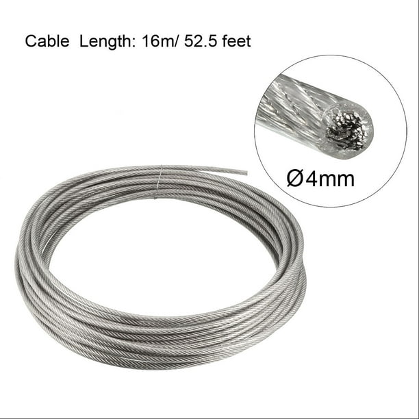 Stainless Steel Wire Rope Cable 4mm 0.16 inch Dia 52.5ft 16m Length 8 Gauge  304 Grade PVC Coated for Hoist Lifting Grind 