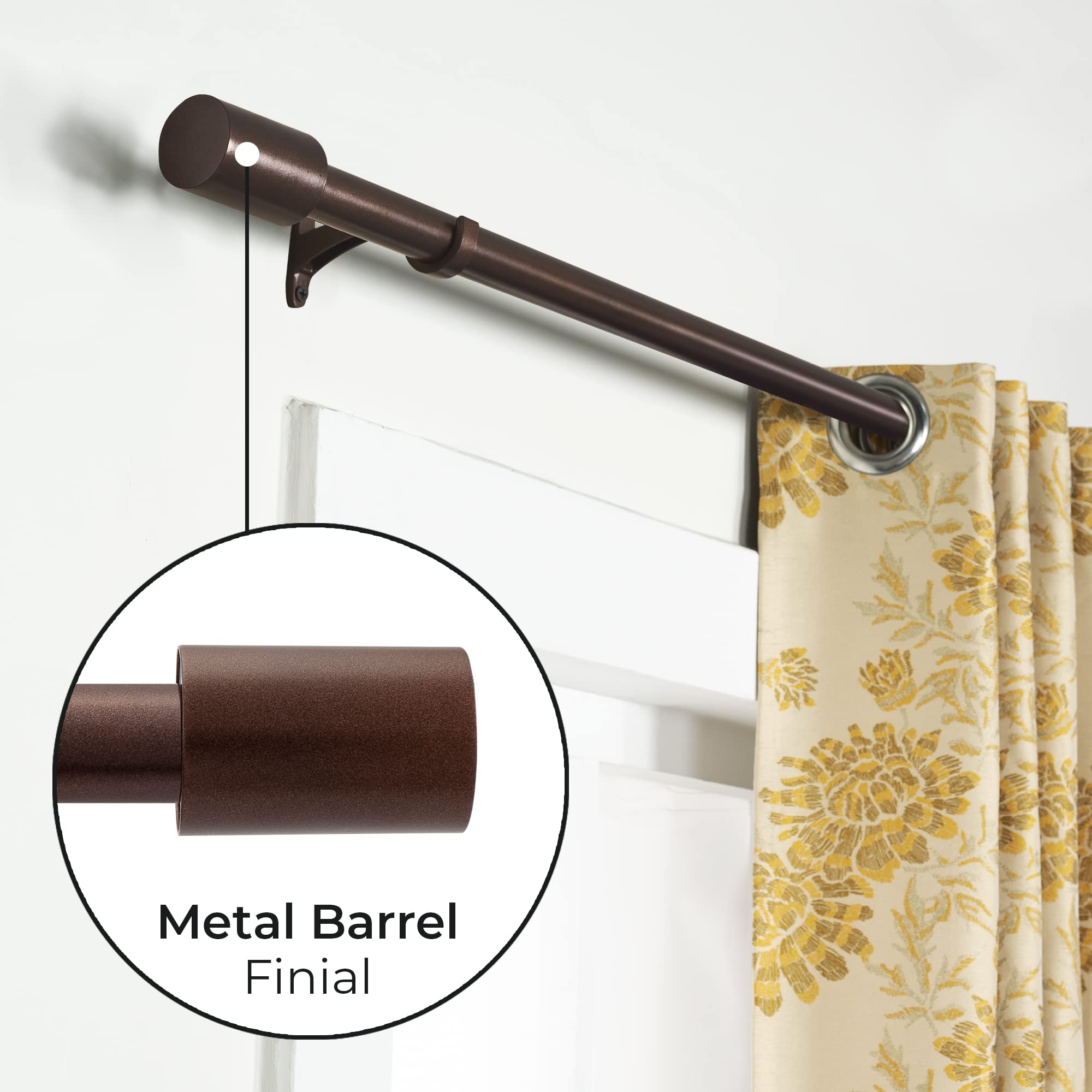 Deco Window Modern 1" Diameter Powder Coated Barrel Finial Adjustable Single Curtain Rod, 52 in - 144 in