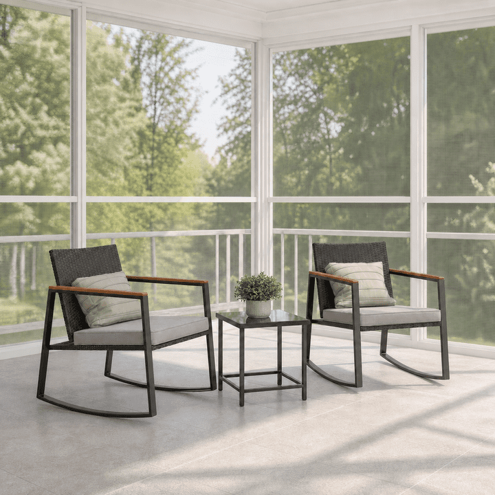 Aiho 3 Pieces Patio Outdoor Conversation Set with Coffee Table, PE Wicker Rocking Chairs with Gray Cushions