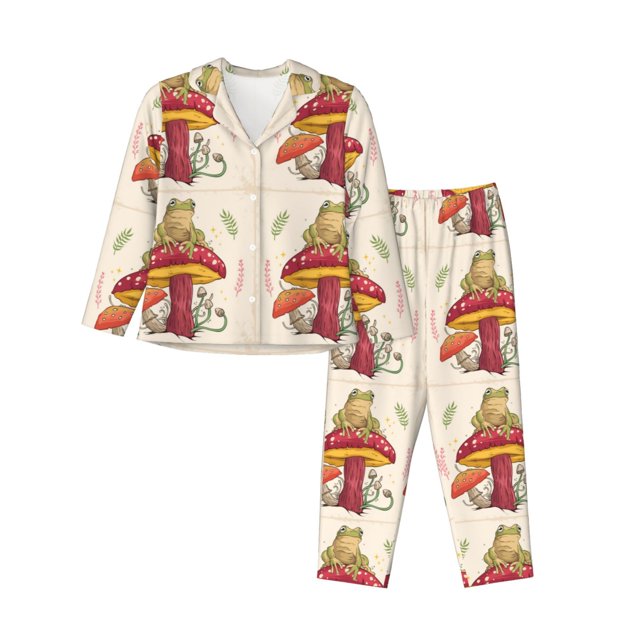 Fotbe Frog Sitting On Mushroom Conjunto de Pijama de Manga Larga para Mujer con Estampado, Ropa de Dormir de 2 Piezas, Conjunto de Casa Suave y Cómodo con Bolsillos-XX-Large