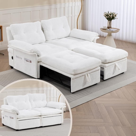3-in-1 Sleeper Sofa Bed, Convertible Pull Out Couch Bed with USB Ports, Storage Pockets, Loveseat Sofa for Living Room(White)