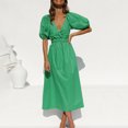 thumbnail image 5 of Summer Dresses for Women 2023 Puff Short Sleeve Solid V Neck Midi Dress Waist Hollow Out Sexy Cute Beach Long Dress, 5 of 7