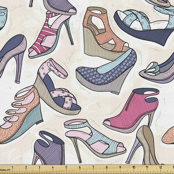 Ambesonne Fashion Fabric by the Yard Upholstery, Doodle Shoes Footwear Items, 10 Yards, Multicolor
