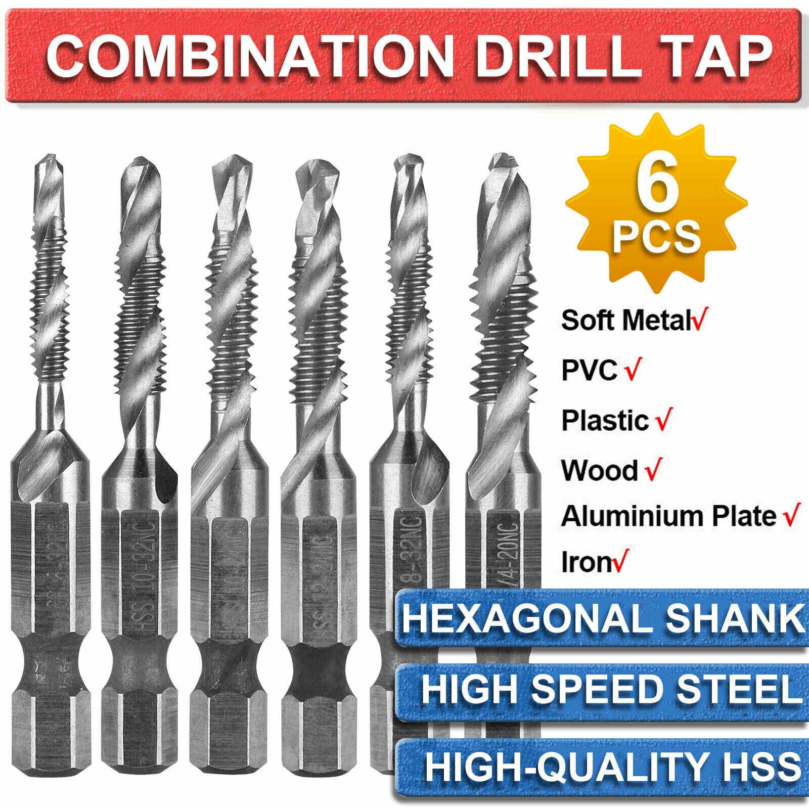 Spiral Flute Hss Combination Countersink Screw Tap Drill Bit Set 1/4" hex shank 