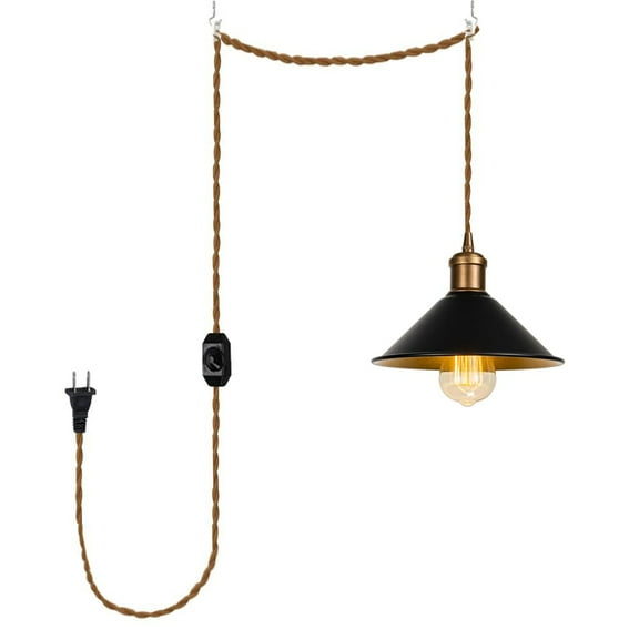 KAYYELAMP Dimmable Pendant Lamp Plug in Cord 19.6 Feet E26 Copper Base Inner Gold Black Metal Shade Vintage Design Hanging Lighting for Bedroom Kitchen Stairs(No Bulb)