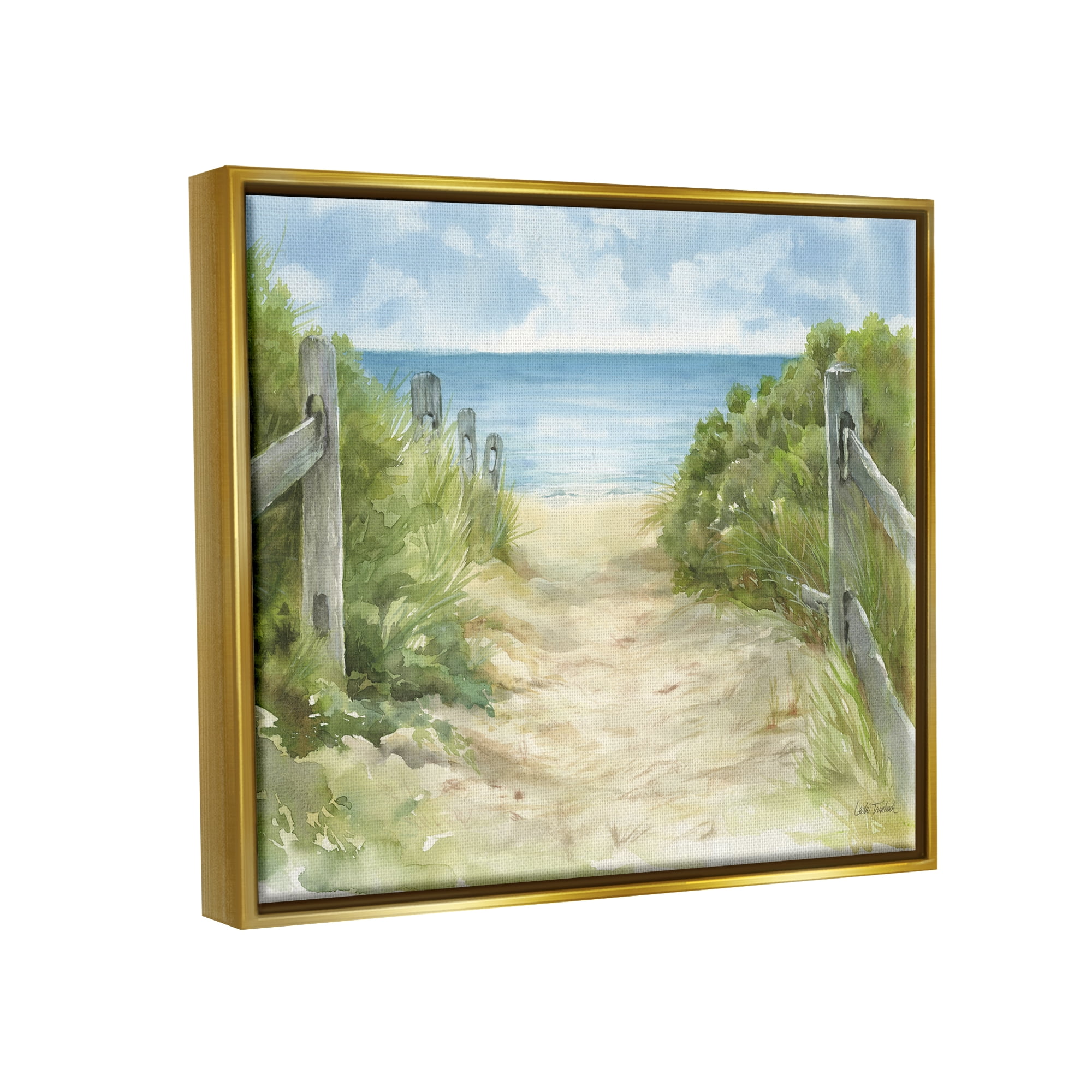 Stupell Industries Beach Path Painting Nature Painting Gold Floater Framed Art Print Wall Art, 21 x 17