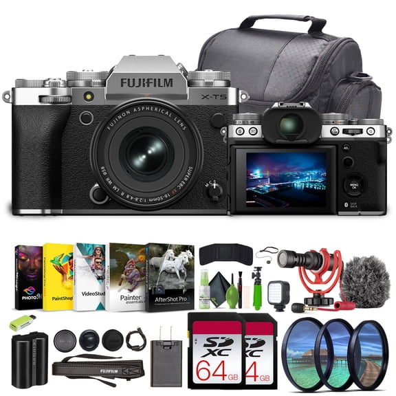 Fujifilm X-T5 Professional Compact Digital Mirrorless Camera With XF 16-50mm f/2.8-4.8 Silver Lens Kit Bundle 2x 64GB Memory Card  Vlogging Tripod  Video LED Light   Rode on Camara Microphone   More