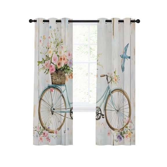Vintage Floral Bicycle Blackout Curtains 39 Inches Length, Spring Farmhouse Bird Wood Window Treatment Thermal Insulated Drapes for Bedroom Living Room 2 Panels 55x39 Inches