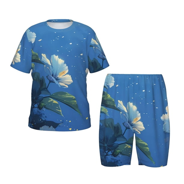 Fotbe Hibiscus Flowers Calm Water Pijama Estampada de 2 Piezas para Niños – Ropa de Dormir de Manga Corta Cómoda para Niños y Niñas, Camiseta y Shorts de Algodón-Medium