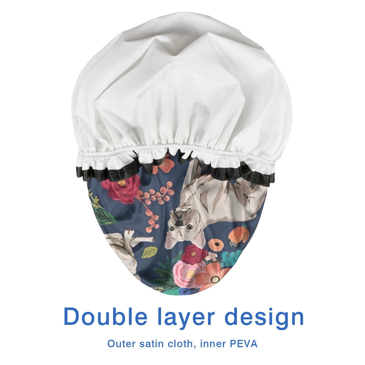 Shower Caps,French Bulldog Dog and Pioneer Flower Waterproof Shower Cap for Women 4 Pieces,Double Reusable Hair Cover for Shower PEVA Elastic Stretch Hem