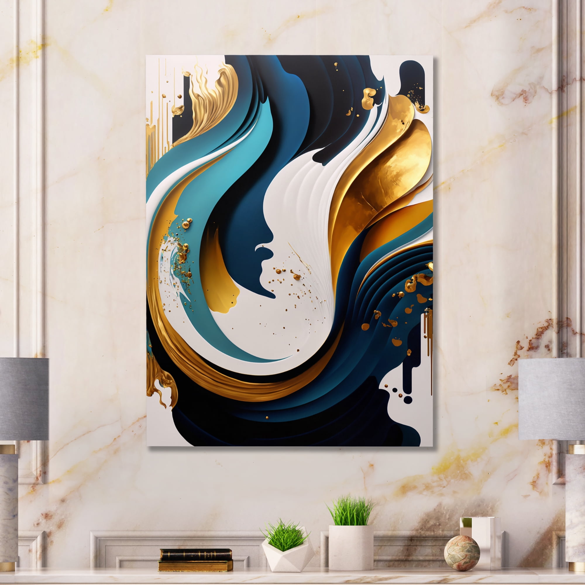 Designart Blue And Gold Modern Art Abstract Painting II Canvas Wall Art
