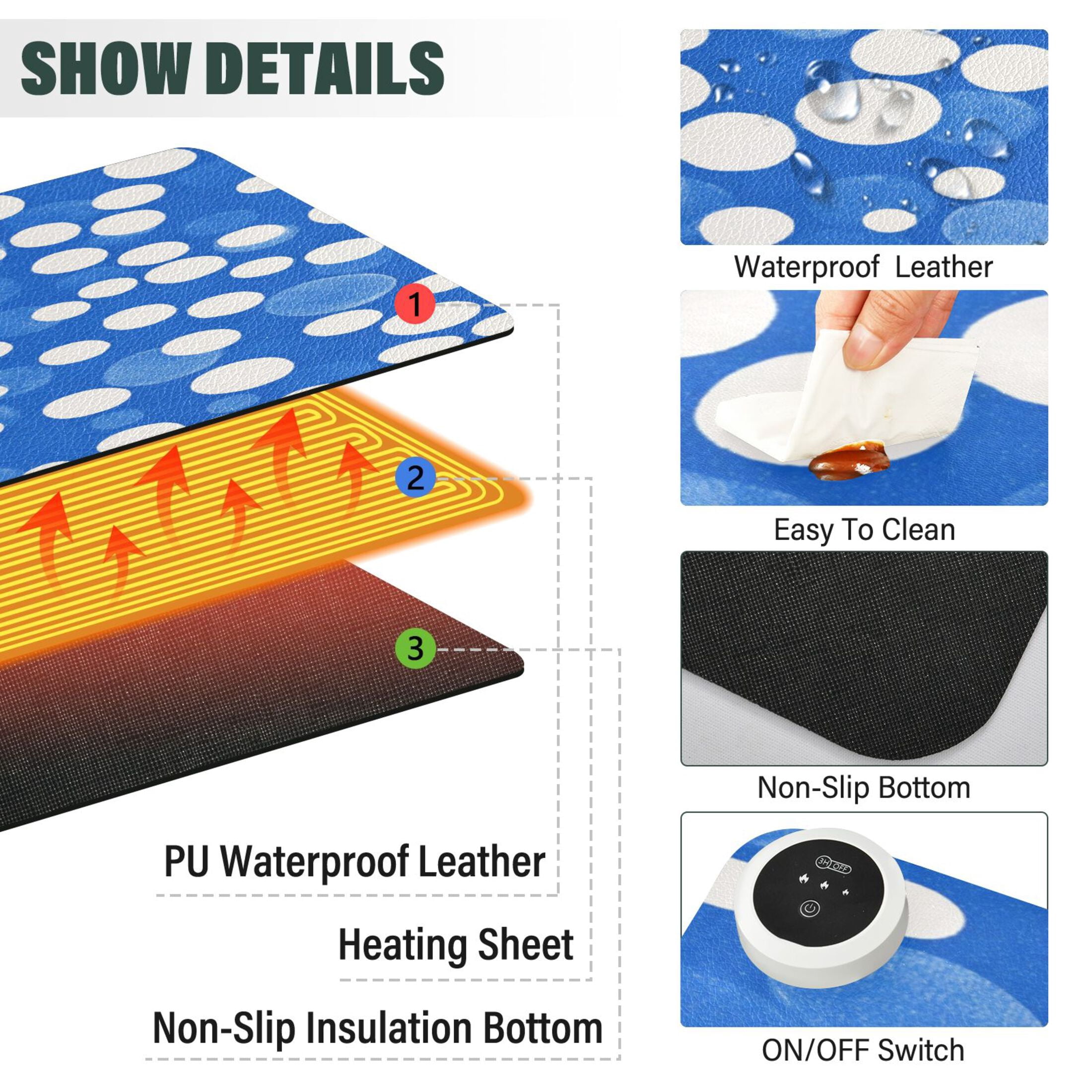 Large Heated Desk Mat Mouse Pad 31.5"x13"PU Leather Graphene Heating Desk Warmer with 3 Temperature Settings 110V US Plug Non-Slip Warm Pad for Home, Office, and Gaming Blue White Polka Dot